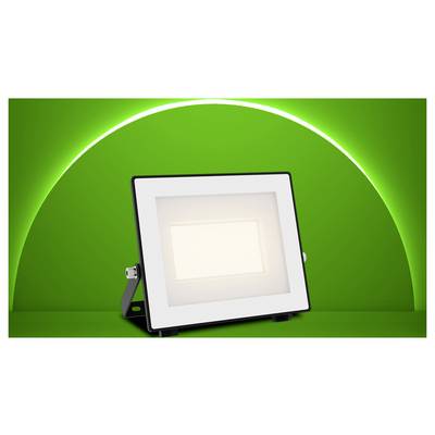 Projecteur LED rectangulaire à cadre noir sur pied, présenté en vue de face sur un fond vert avec un arc lumineux derrière lui.
