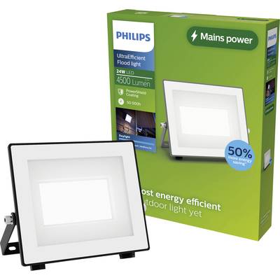 Projecteur LED Philips UltraEfficient 24W montré avec sa boîte produit verte, étiqueté alimentation secteur, 4500 lumens, et 50% plus d'économies d'énergie.