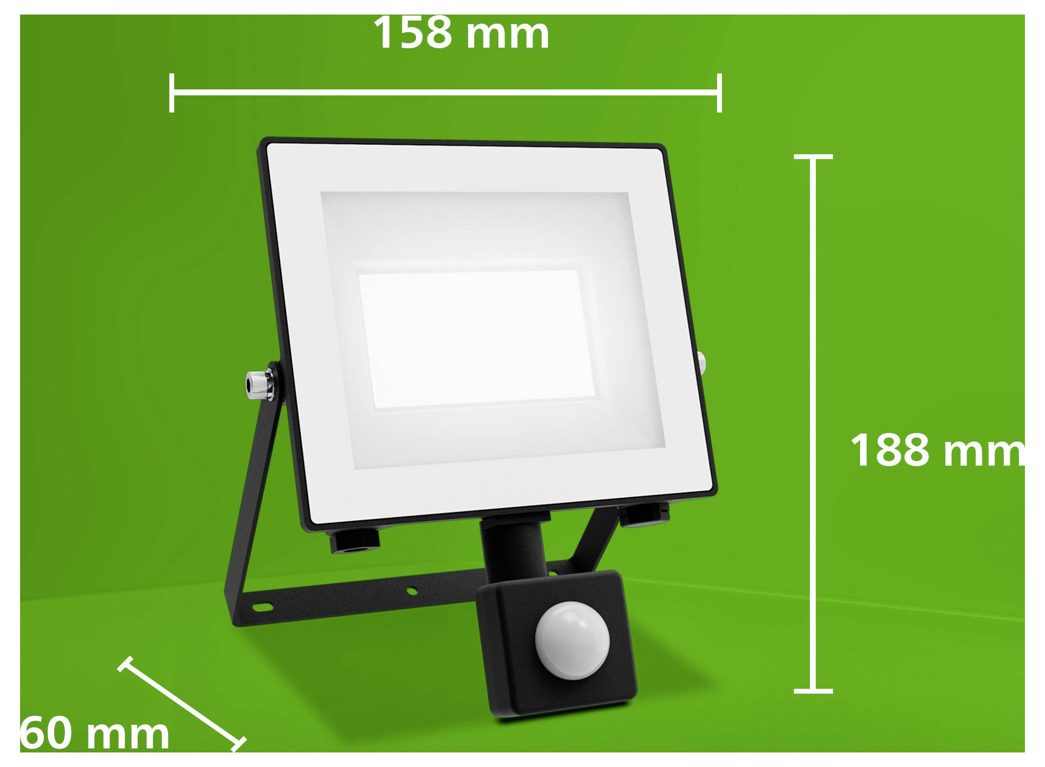 Illustration d'un projecteur LED carré avec détecteur de mouvement, montrant les dimensions 158 mm de largeur, 188 mm de hauteur et 60 mm de profondeur.