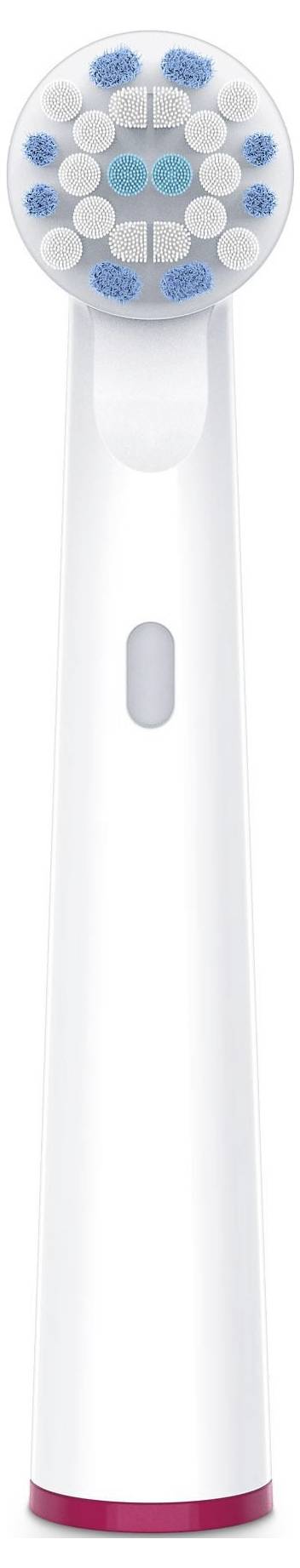 Gros plan sur la tête d'une brosse à dents électrique blanche avec des poils bleus et blancs disposés en groupes circulaires.