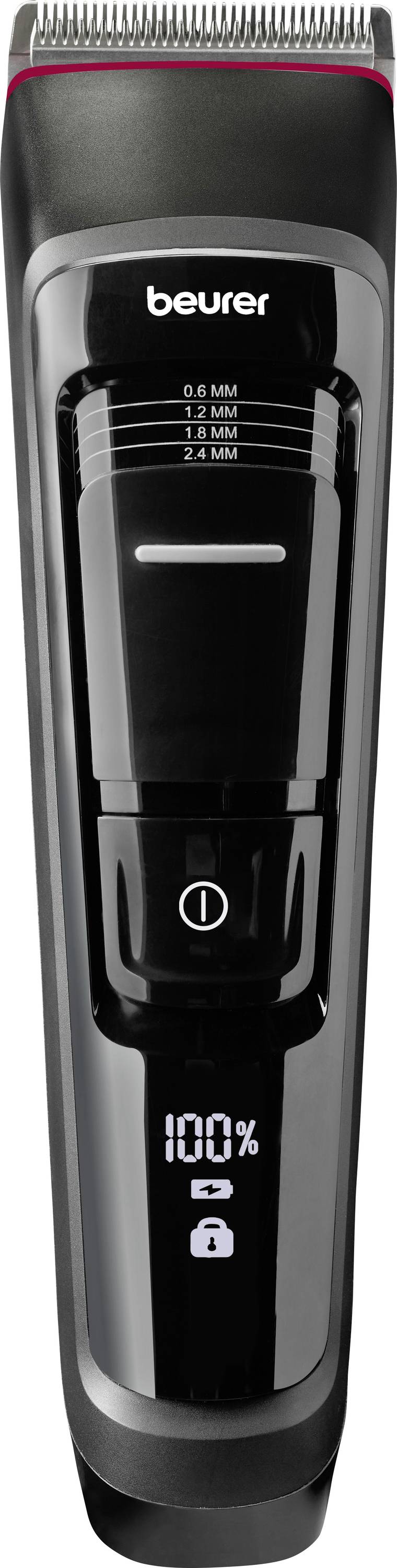 Tondeuse électrique en noir, marque Beurer. Affiche des longueurs de coupe de 0,9 à 2,4 mm et un écran numérique indiquant 100% de charge de batterie.