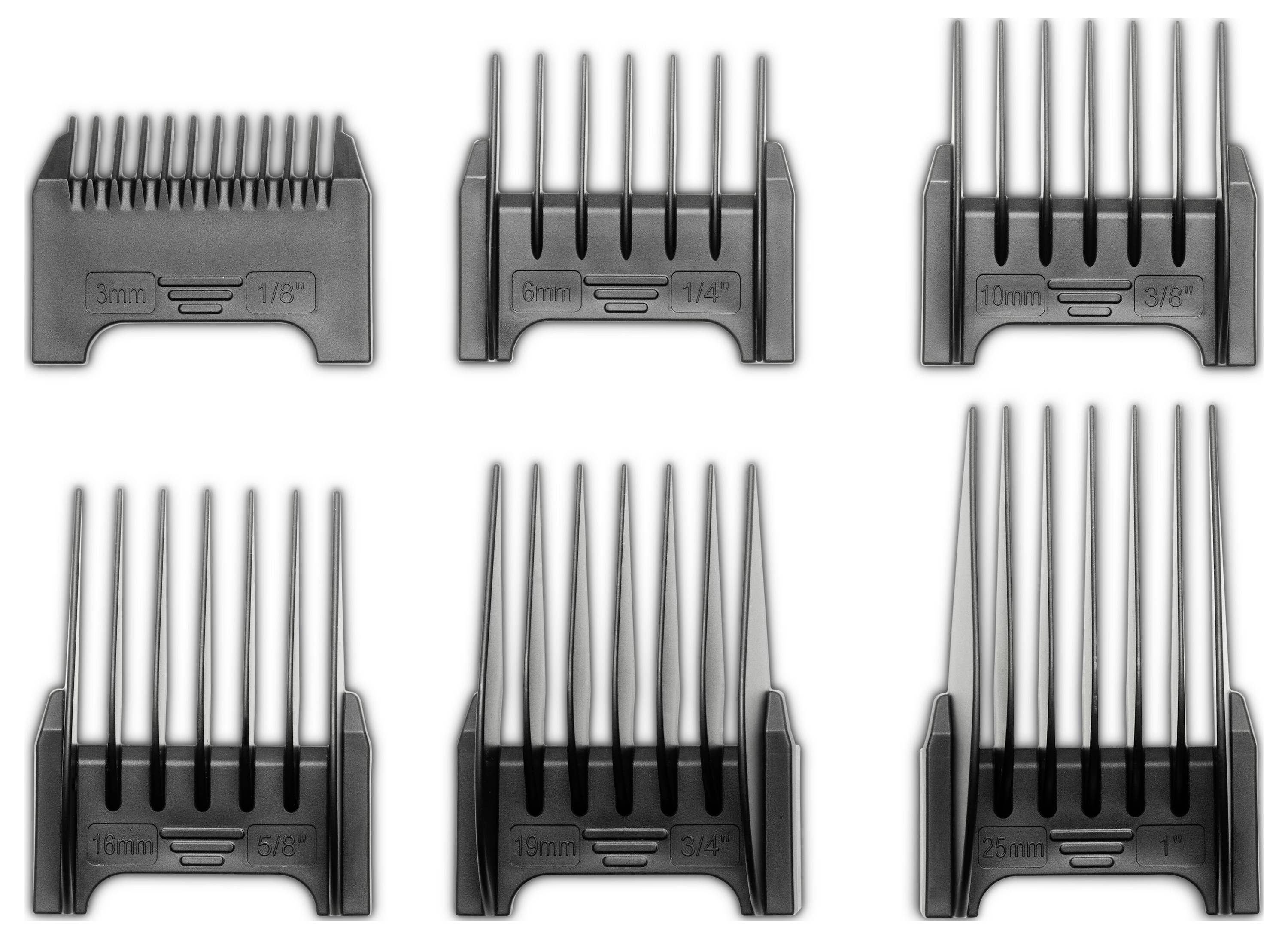 Six embouts de tondeuse en deux rangées, chacun pour coupe-cheveux, marqués avec des longueurs de 3 mm à 25 mm.
