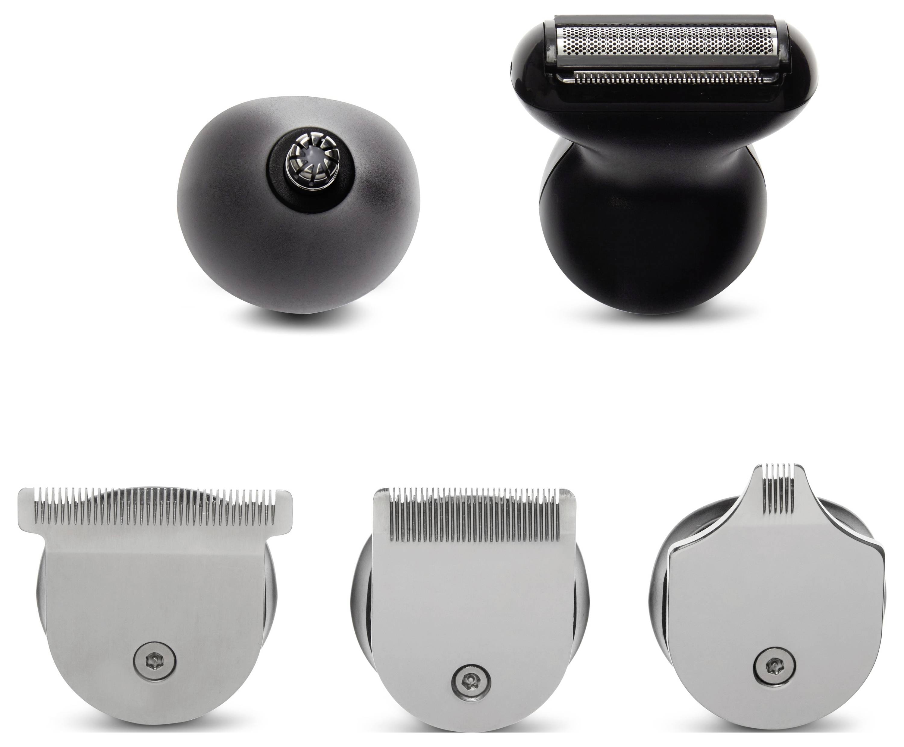 Cinq têtes de rasoir de différentes formes et fonctions, incluant des têtes de coupe et des tondeuses, présentées sur un fond blanc.