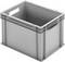 Une boîte en plastique grise avec deux poignées latérales. Elle est rectangulaire et empilable, adaptée au stockage ou au transport.