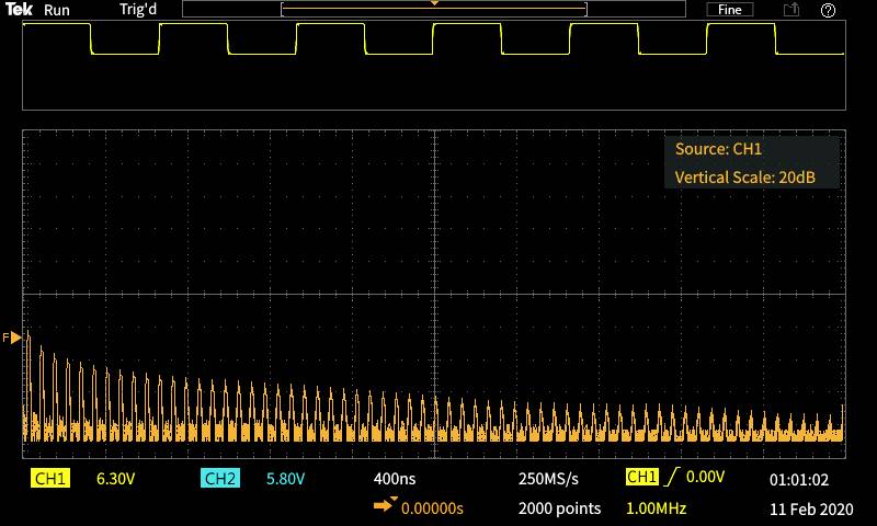 L'affichage de l'oscilloscope montre des signaux décroissants sur les canaux CH1 (6,30V) et CH2 (5,80V) avec une échelle verticale de 20 dB.