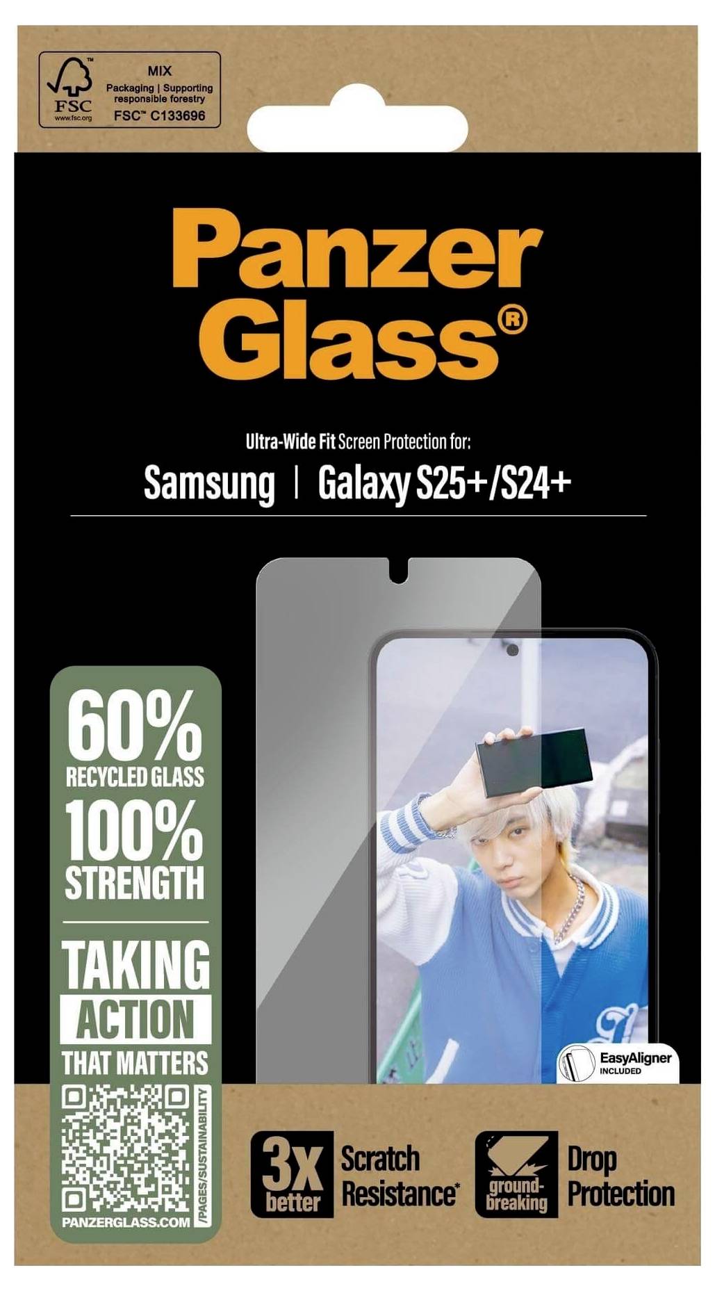 Emballage pour protection d'écran PanzerGlass pour Samsung Galaxy S25+/S24+. Contient 60% de verre recyclé et promet une protection triple.