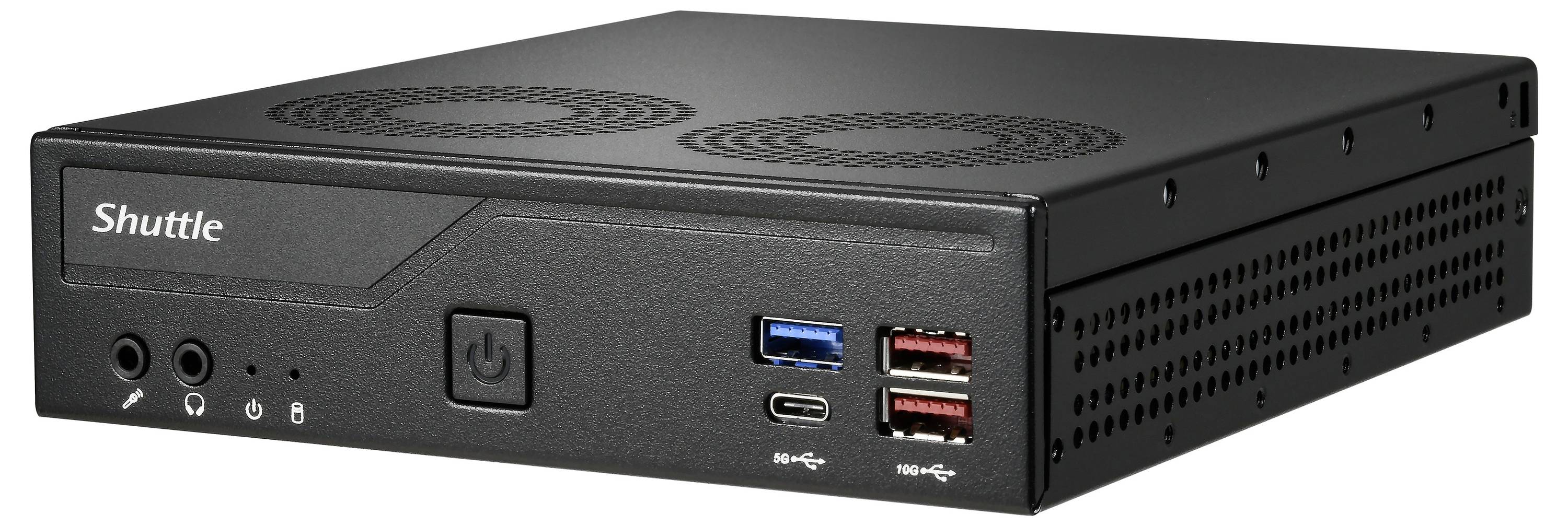 Mini-PC noir avec l'étiquette 'Shuttle' sur la façade. Il est doté de ports USB, audio, et d'un interrupteur marche/arrêt.