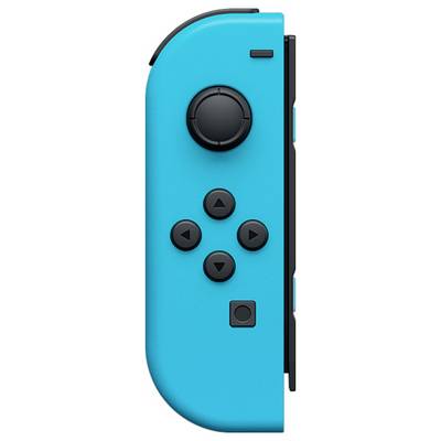 Une manette Joy-Con bleue avec des boutons noirs, un joystick en dessous et quatre boutons ronds.