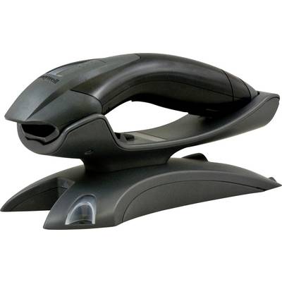 Un scanner à main noir, à la forme ergonomique, posé sur sa station de chargement. Idéal pour un scan rapide en magasin ou dans les entrepôts.