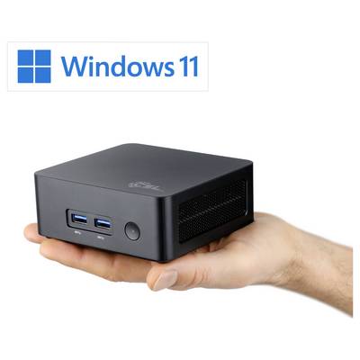 Une main tient un petit appareil noir doté de ports USB. Un logo 'Windows 11' est visible au-dessus, indiquant la compatibilité avec le système d'exploitation.