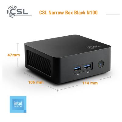 Mini PC CSL Narrow Box N100 noir avec logo 'intel inside' ; dimensions : 47 mm de hauteur, 106 mm de profondeur, 114 mm de largeur ; ports avant visibles.
