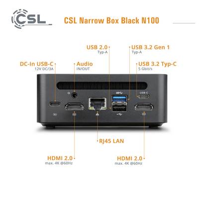 Un boîtier CSL Narrow Box N100 noir présentant plusieurs ports, dont DC-In, audio, USB 2.0, USB 3.2, RJ45 LAN et HDMI 2.0.