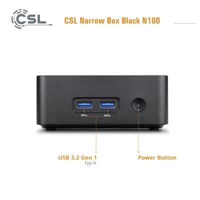 Petit boîtier d'ordinateur noir avec deux ports USB 3.2 Gen 1 de type A et un bouton d'alimentation étiquetés sur l'avant.
