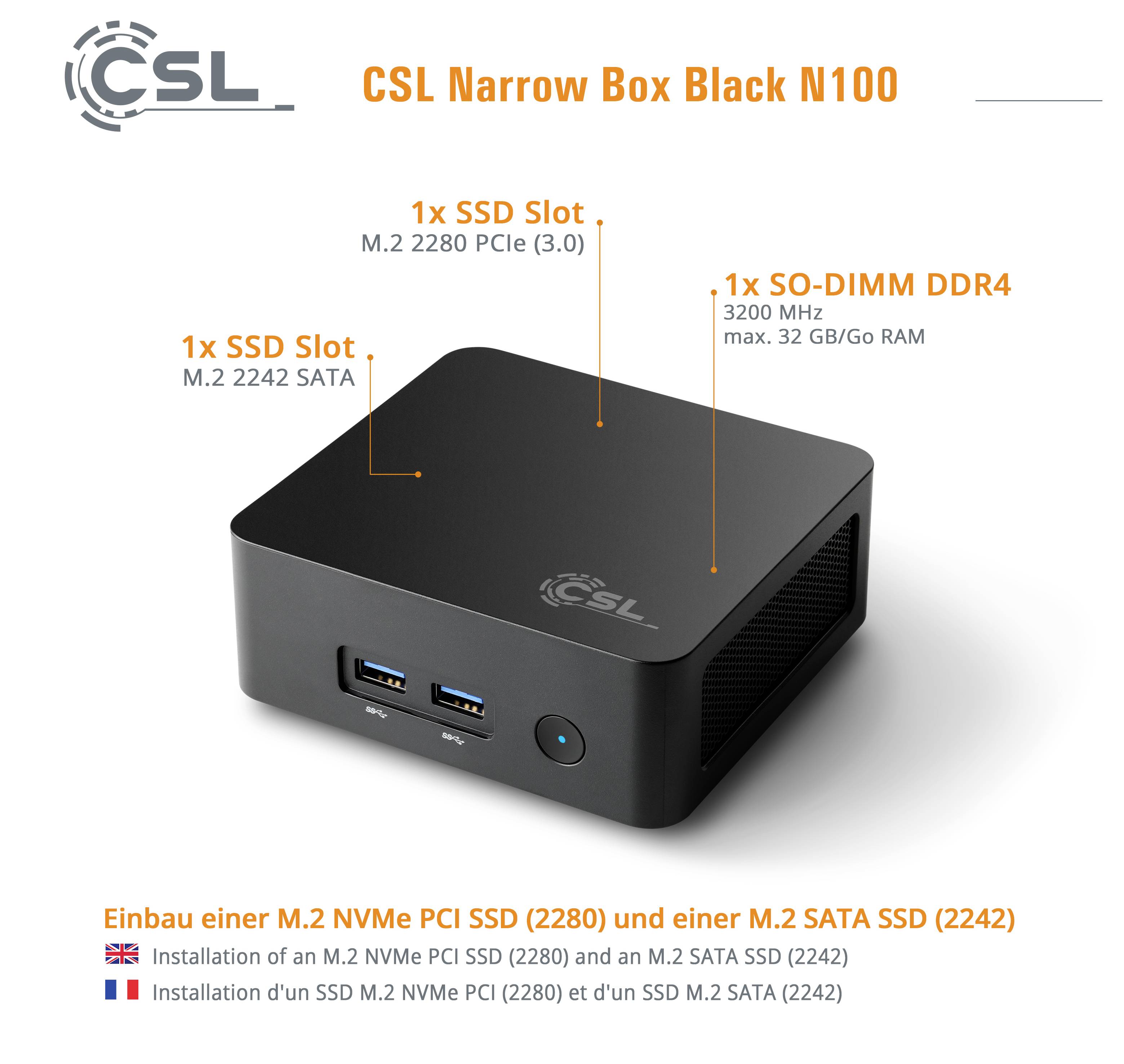 Illustration du mini PC 'CSL Narrow Box Black N100'. Présente les ports USB frontaux et décrit les emplacements internes pour SSD et DDR4 avec leurs spécifications.