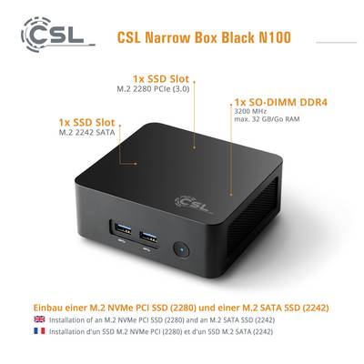 Illustration du mini PC 'CSL Narrow Box Black N100'. Présente les ports USB frontaux et décrit les emplacements internes pour SSD et DDR4 avec leurs spécifications.
