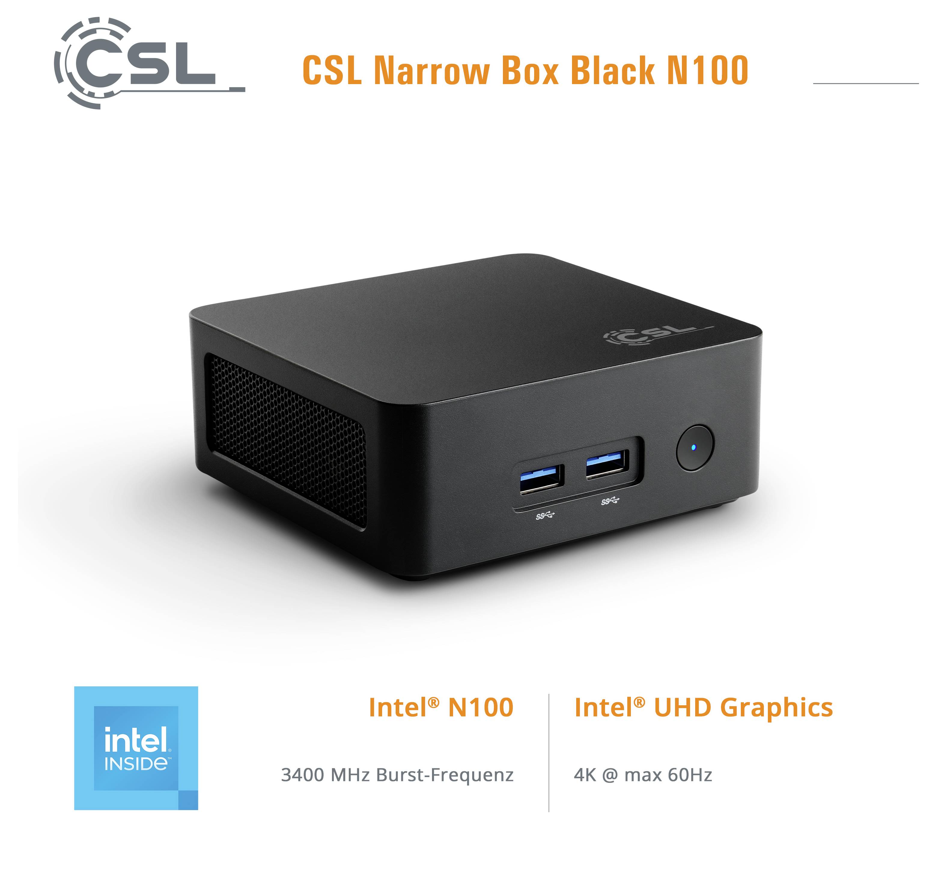 « Un ordinateur compact noir avec deux ports USB et un bouton d'alimentation à l'avant, portant la marque CSL Narrow Box Black N100 avec des caractéristiques Intel. »