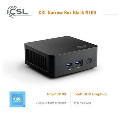 « Un ordinateur compact noir avec deux ports USB et un bouton d'alimentation à l'avant, portant la marque CSL Narrow Box Black N100 avec des caractéristiques Intel. »