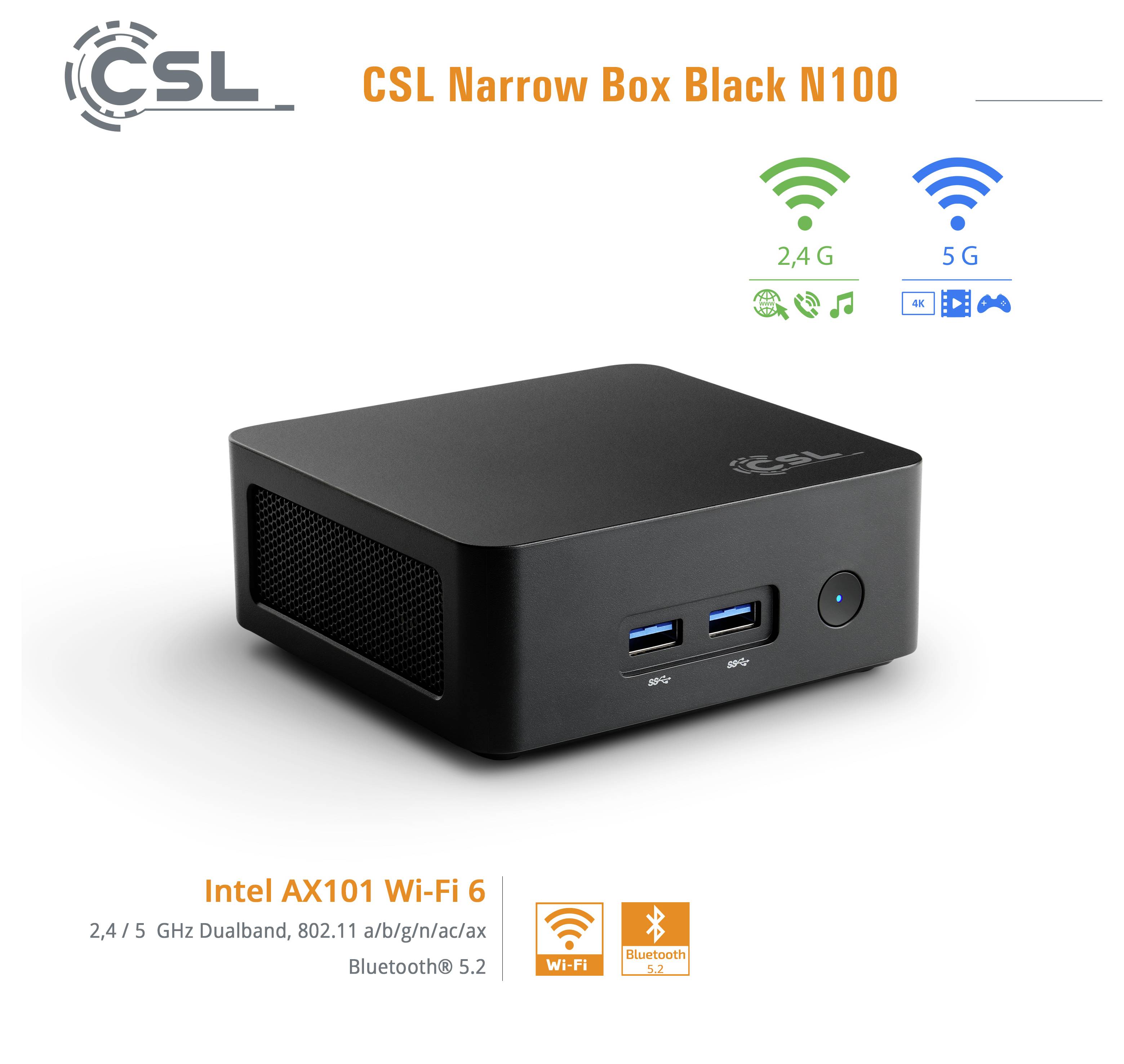 Un mini PC N100 CSL Narrow Box noir avec deux ports USB. Les caractéristiques incluent le Wi-Fi 6 Intel AX101, double bande 2,4/5 GHz, Bluetooth 5.2.