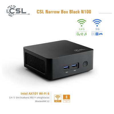 Un mini PC N100 CSL Narrow Box noir avec deux ports USB. Les caractéristiques incluent le Wi-Fi 6 Intel AX101, double bande 2,4/5 GHz, Bluetooth 5.2.