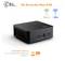 Un mini PC N100 CSL Narrow Box noir avec deux ports USB. Les caractéristiques incluent le Wi-Fi 6 Intel AX101, double bande 2,4/5 GHz, Bluetooth 5.2.