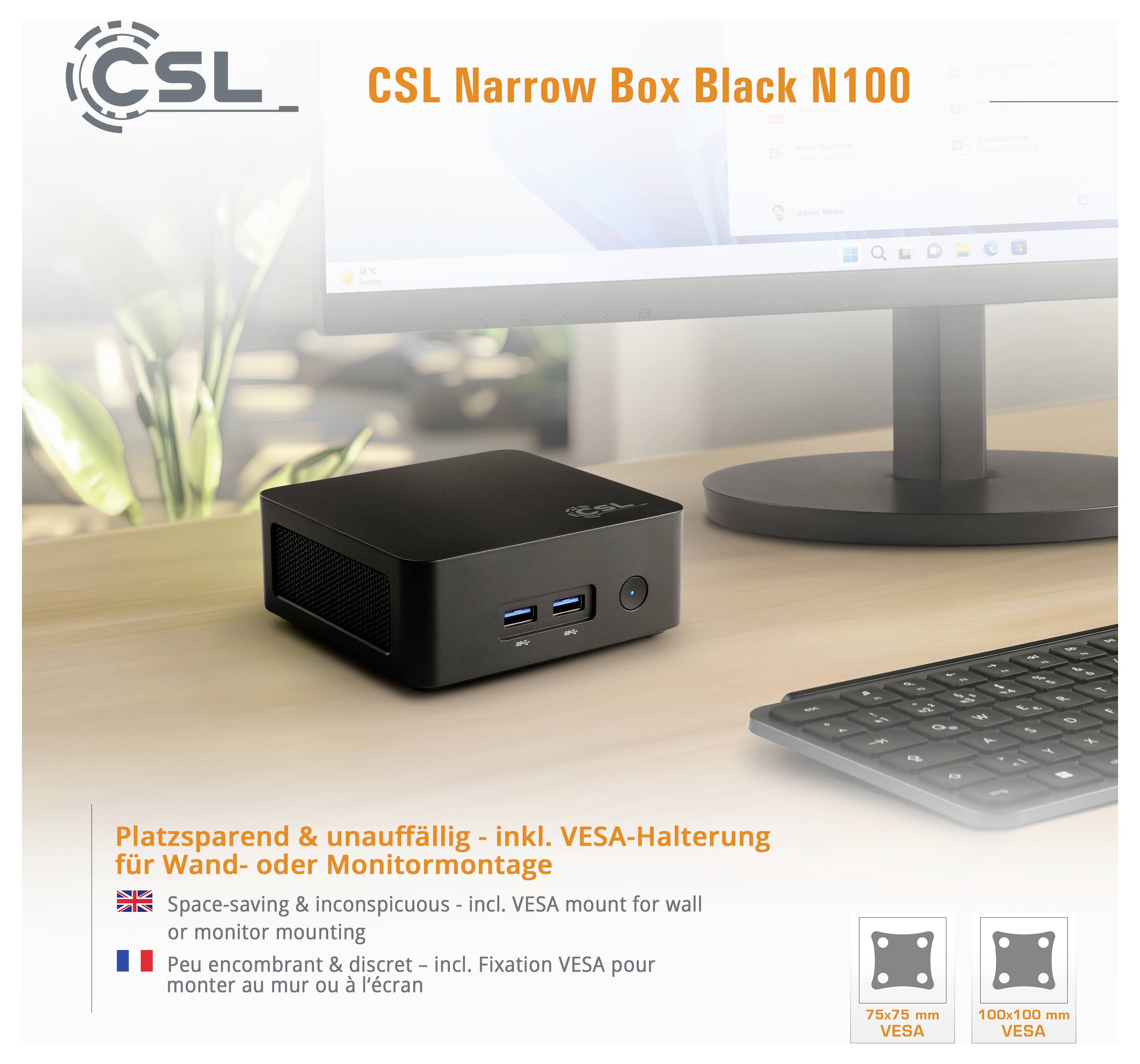 Un mini PC compact noir posé sur un bureau à côté d'un clavier et d'un écran. Le texte met en avant ses options de fixation VESA pour une utilisation économe en espace.