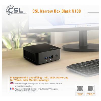 Un mini PC compact noir posé sur un bureau à côté d'un clavier et d'un écran. Le texte met en avant ses options de fixation VESA pour une utilisation économe en espace.