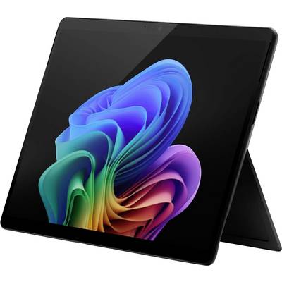 Une tablette avec un support d'écran coloré et abstrait, incliné sur un pied intégré.