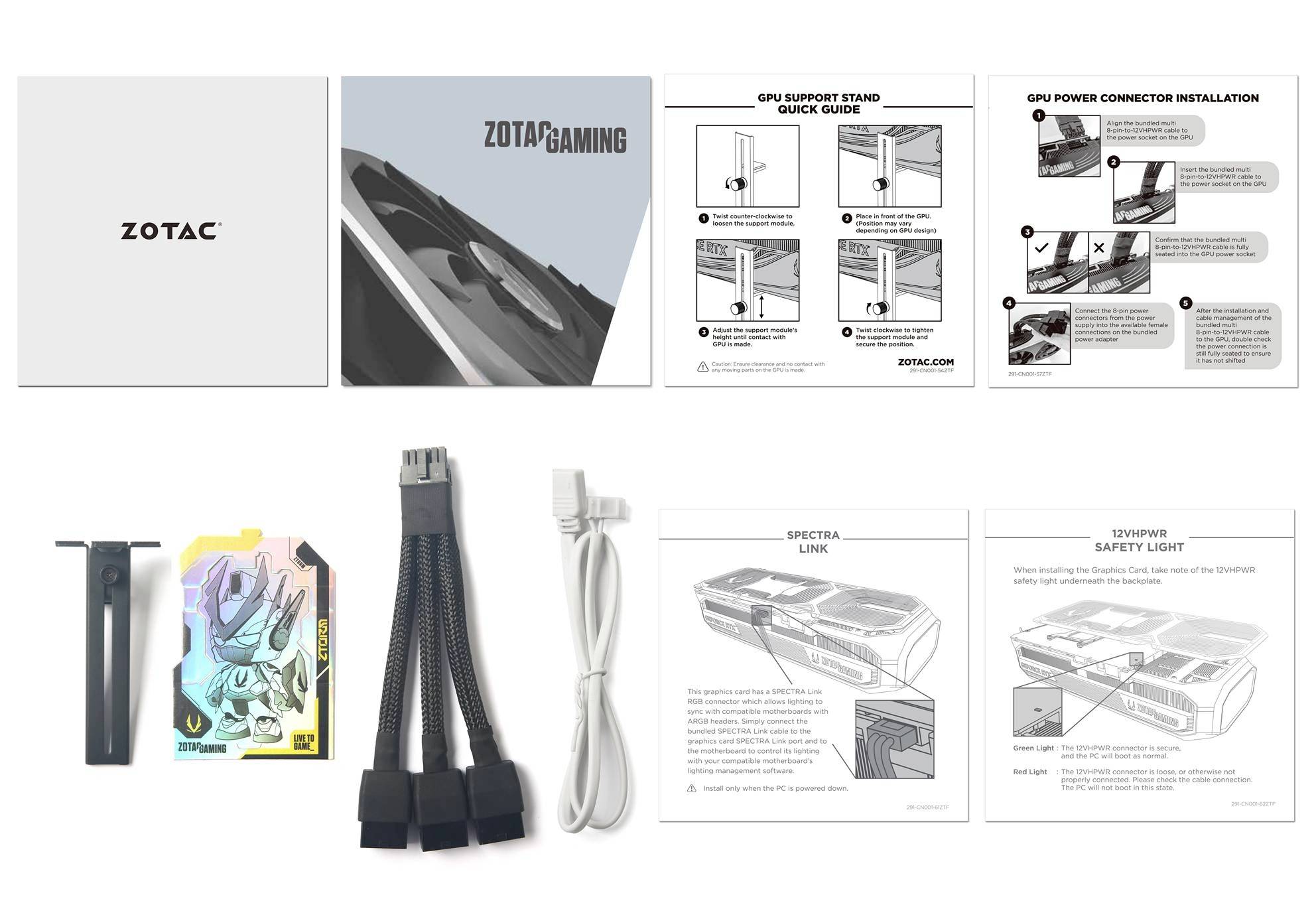 Accessoires de carte graphique 'ZOTAC GAMING' : Support pour GPU, câbles d'alimentation, manuel avec instructions d'installation.
