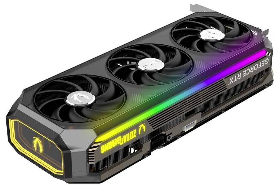 Carte graphique avec trois ventilateurs et éclairage RVB sur le côté. Inscription : 'GEFORCE RTX' et 'ZOTAC GAMING'.