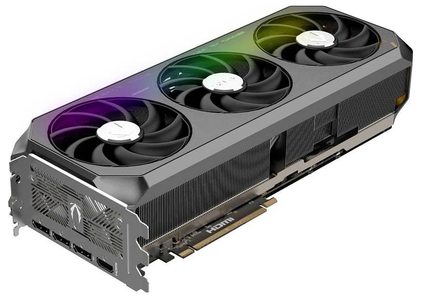 Une carte graphique moderne avec trois ventilateurs et un éclairage RVB, adaptée aux applications informatiques puissantes et au gaming.