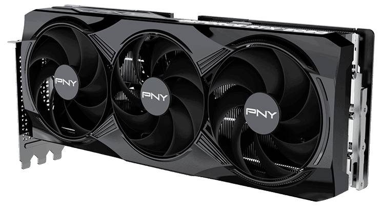Une carte graphique noire PNY avec trois grands ventilateurs, adaptée aux applications informatiques hautes performances et aux jeux vidéo.