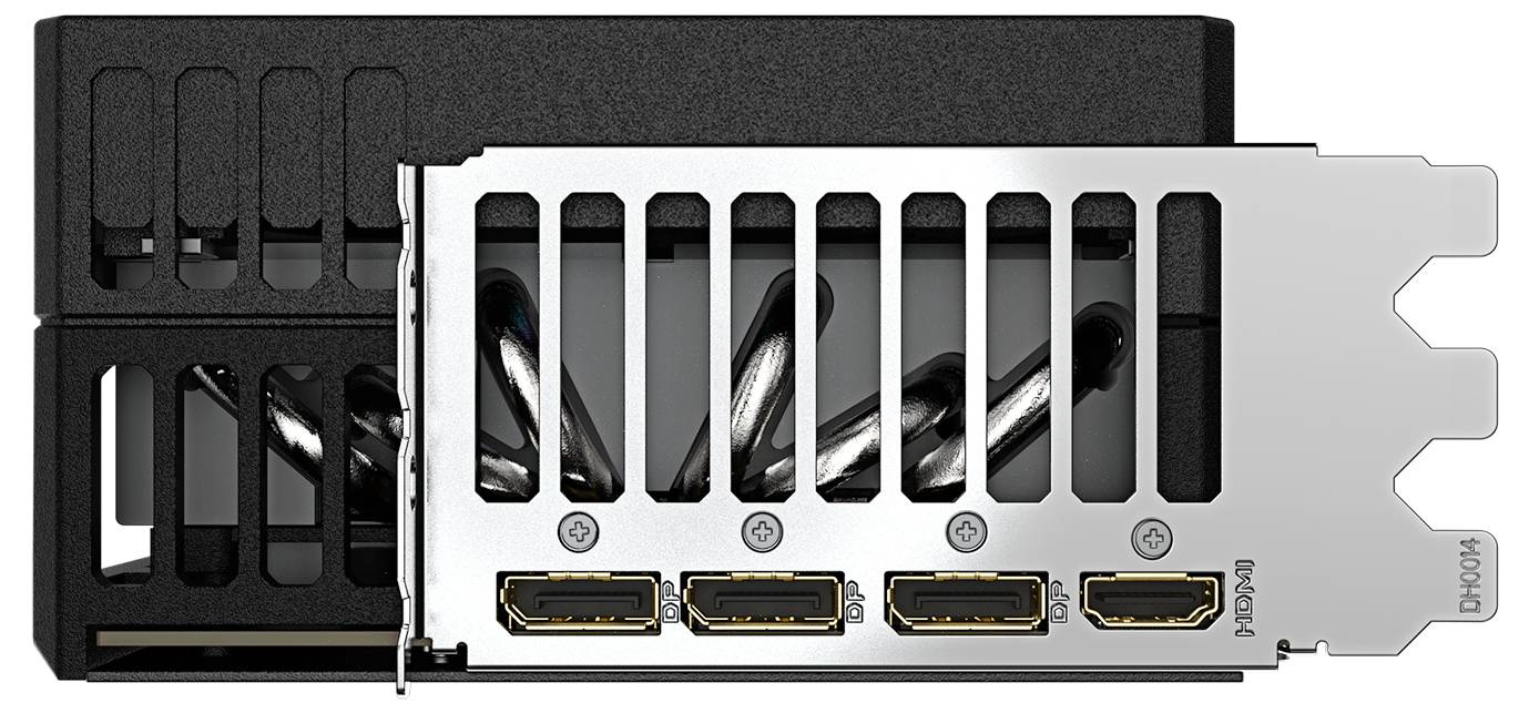 Une carte graphique avec quatre ports HDMI sur le bord inférieur, adaptée pour connecter plusieurs moniteurs.