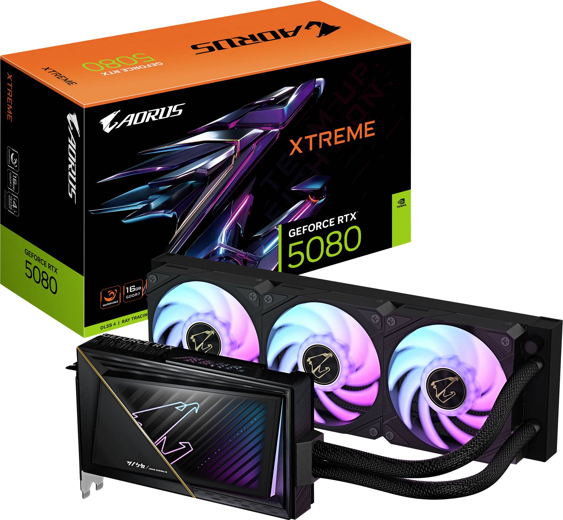 Carte graphique AORUS RTX 5080 Xtreme avec ventilateur rétroéclairé RGB et écran sur le devant. Emballage en arrière-plan.