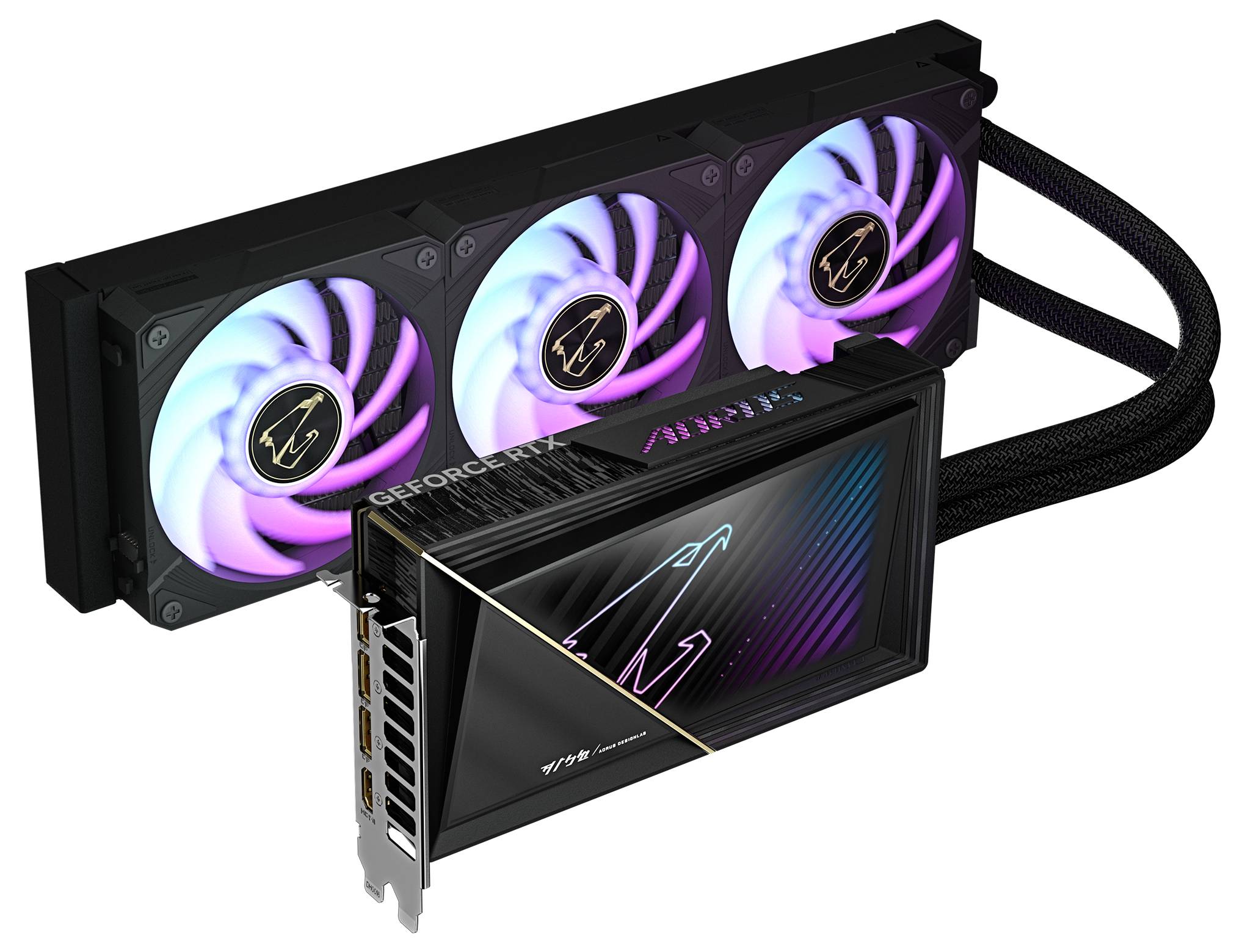 Carte graphique avec trois ventilateurs RGB et système de refroidissement intégré, adaptée aux ordinateurs hautes performances et au gaming.