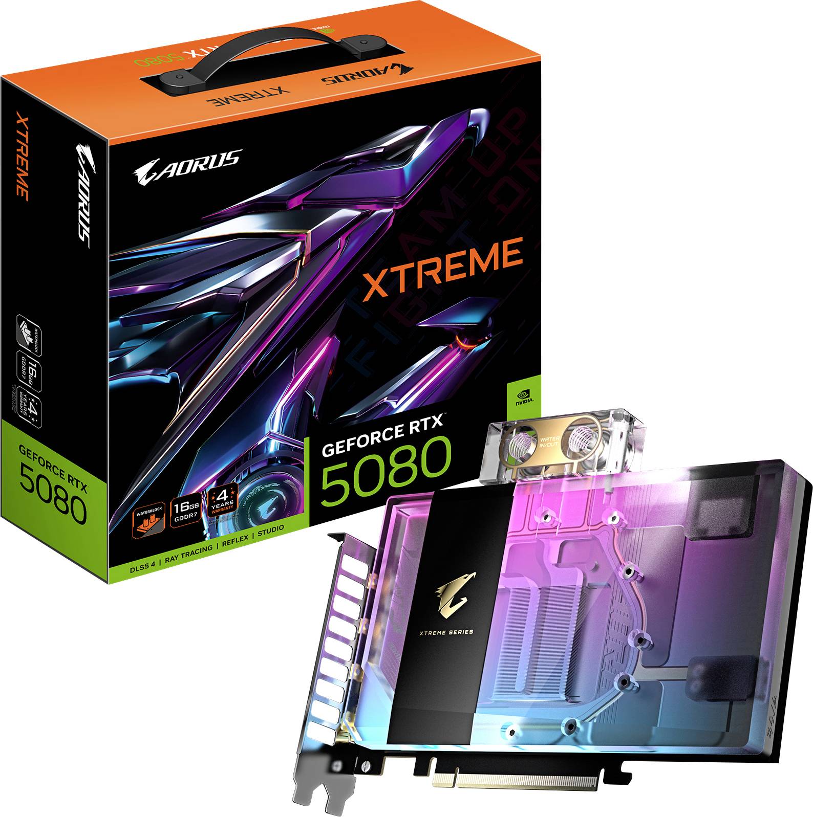 Graphisme publicitaire pour une carte graphique GEFORCE RTX 5080 d'AORUS. La boîte et la carte graphique avec éclairage RVB sont représentées.