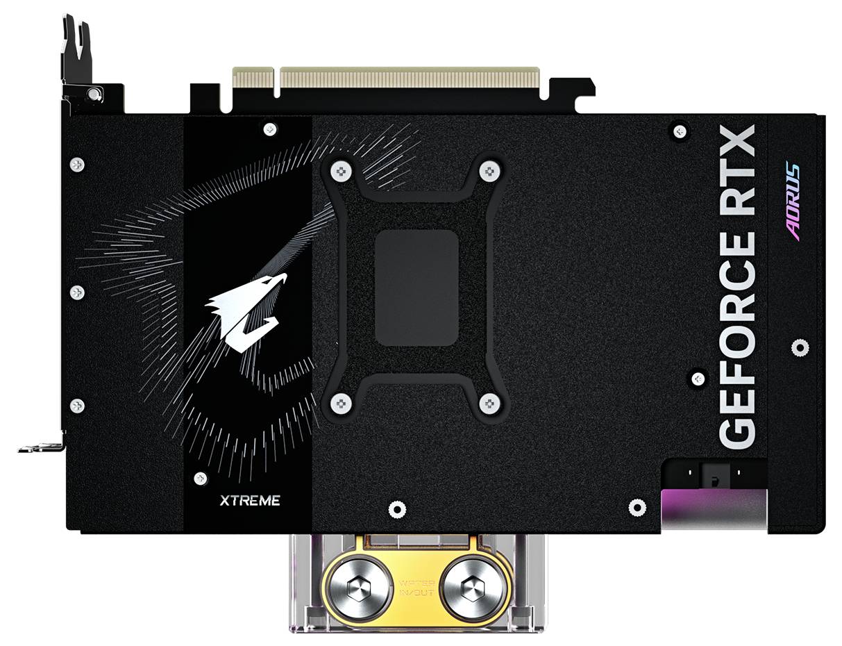 Carte graphique vue du dessus avec un design noir, 'AORUS' visible à droite. Grand dissipateur thermique en bas. Principalement adaptée pour un gaming haute performance.