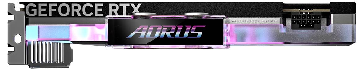 Carte graphique portant l'inscription 'GEFORCE RTX' et 'AORUS', équipée d'un éclairage RVB.