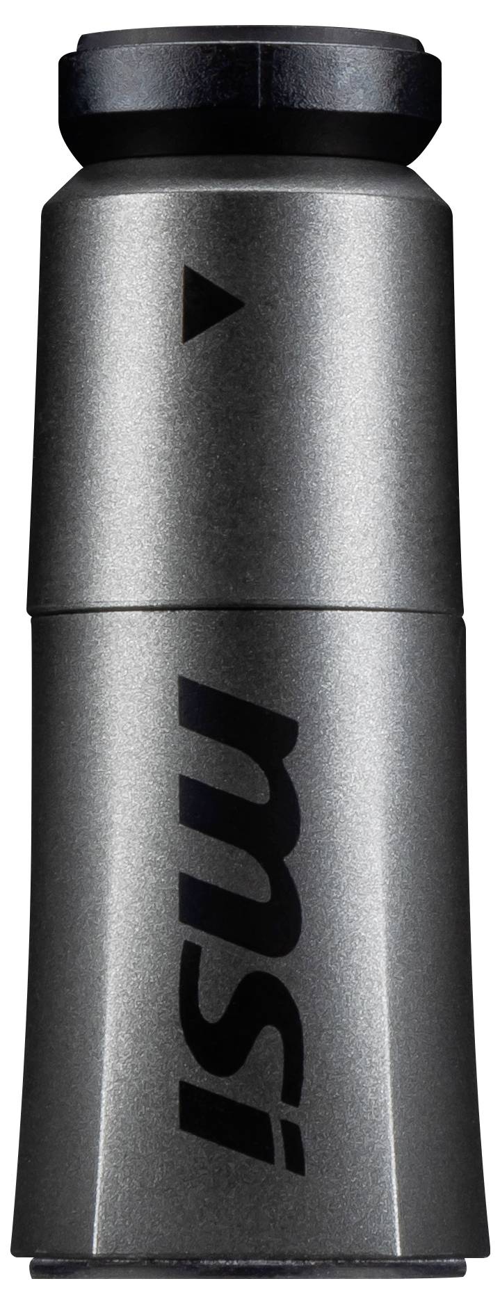 Objet cylindrique argenté avec le logo noir 'msi' et une petite flèche en haut.