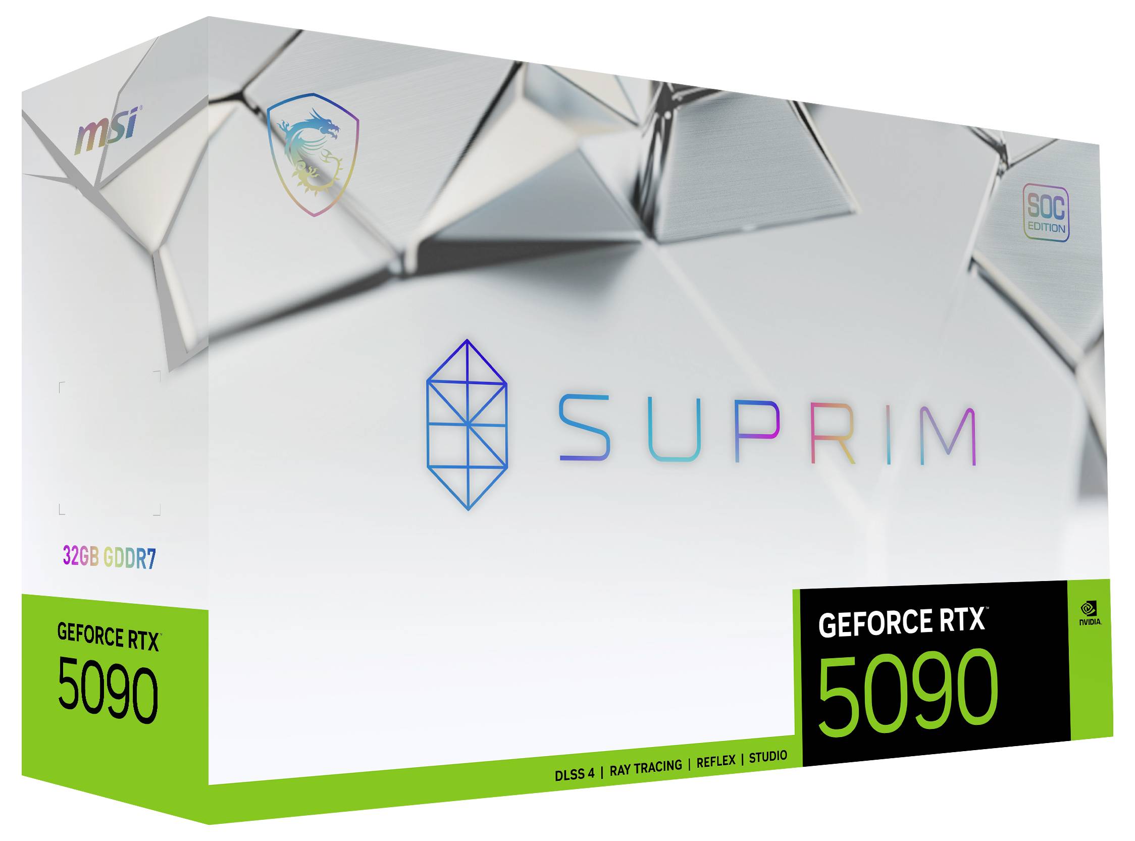 Un emballage de produit pour une carte graphique MSI GeForce RTX 5090. Le nom de marque 'SUPRIM' est représenté de manière proéminente sur l'emballage.