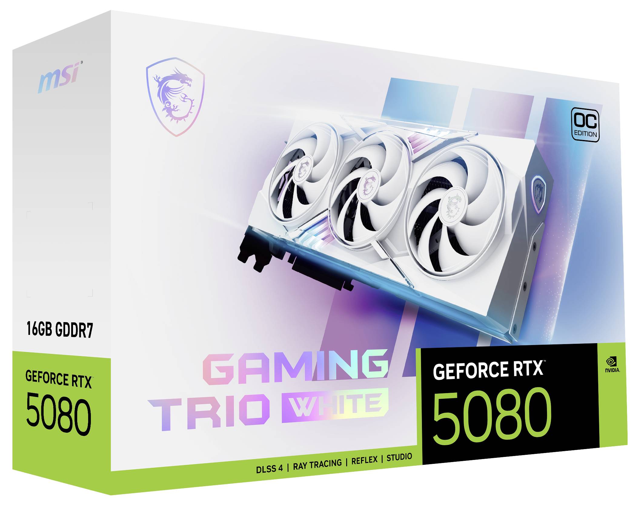 Carte graphique MSI GeForce RTX 5080 dans son emballage, 16 Go GDDR7, DLSS 4, Ray Tracing, Reflex, Studio, édition Gaming Trio.