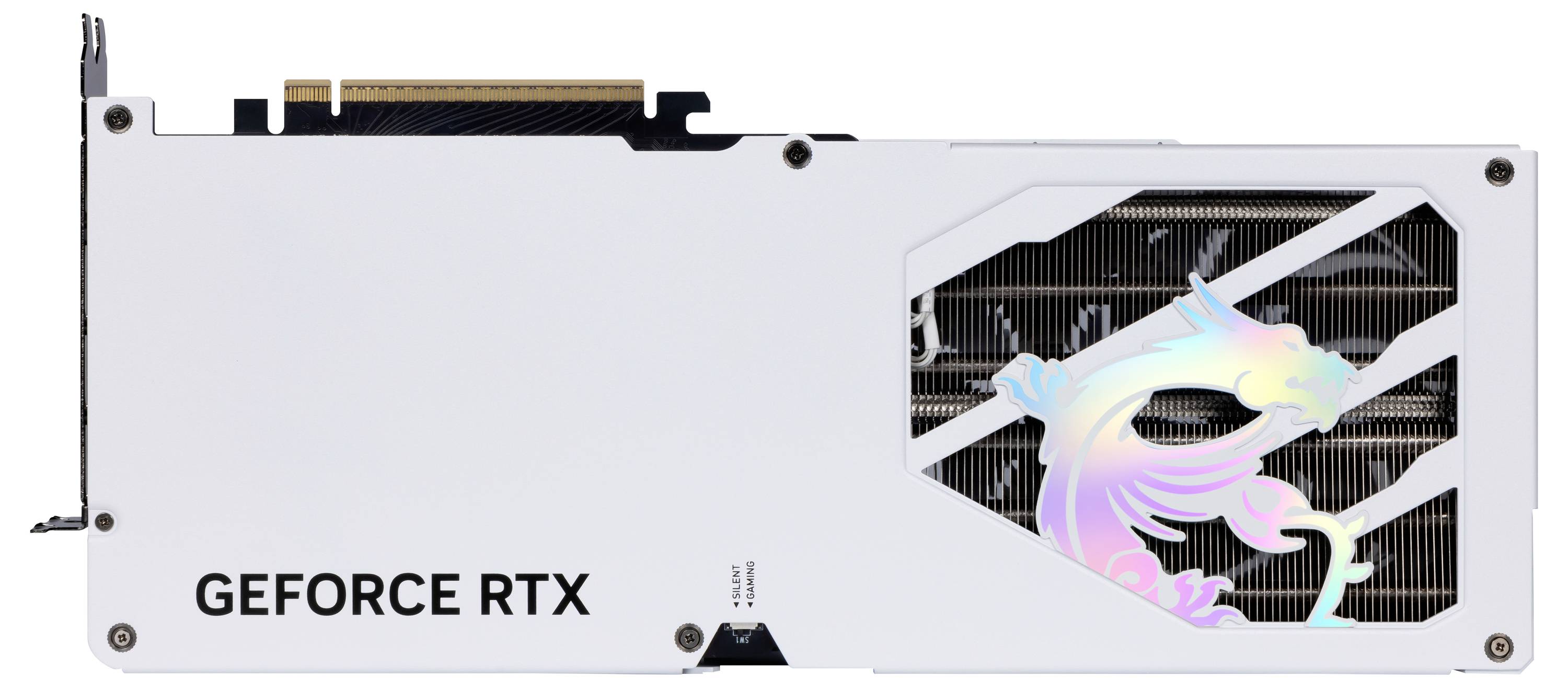 Une carte graphique blanche portant l'inscription 'GEFORCE RTX'. Un hologramme en forme de dragon est visible sur le côté droit.