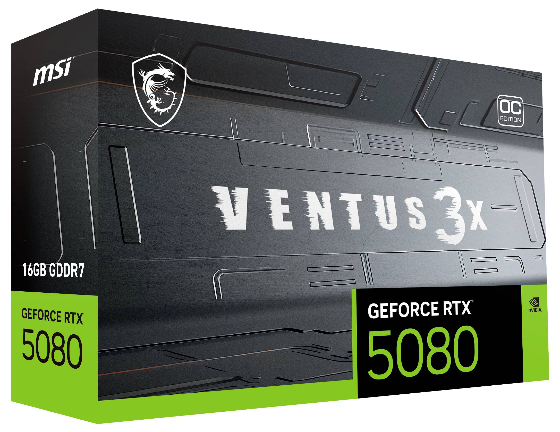 Carte graphique MSI GeForce RTX 5080 Ventus 3X, 16 Go GDDR7, édition OC, sur carton noir avec inscription en vert et blanc.