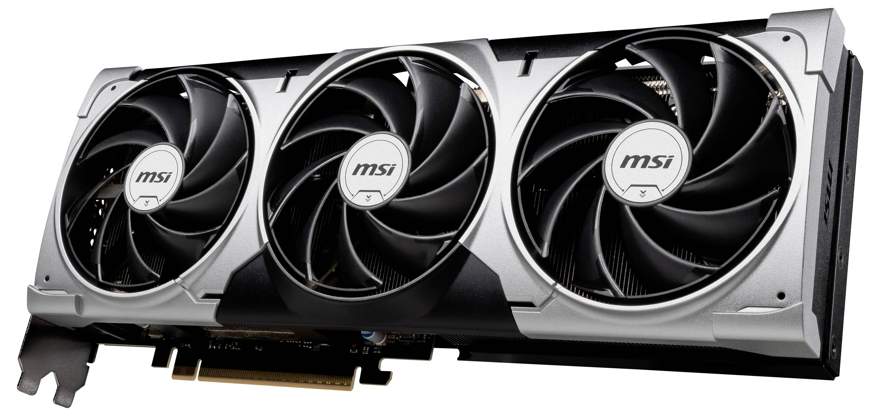 Carte graphique MSI avec trois grands ventilateurs, design noir et argent, connecteur PCIe visible, adaptée aux configurations de jeu.