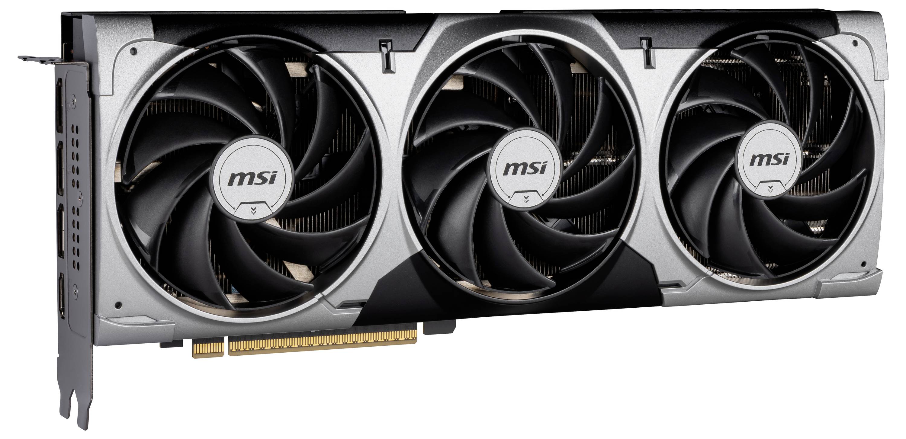 Carte graphique MSI à trois ventilateurs, boîtier métallique noir et connecteur PCIe, conçue pour les ordinateurs haute performance.