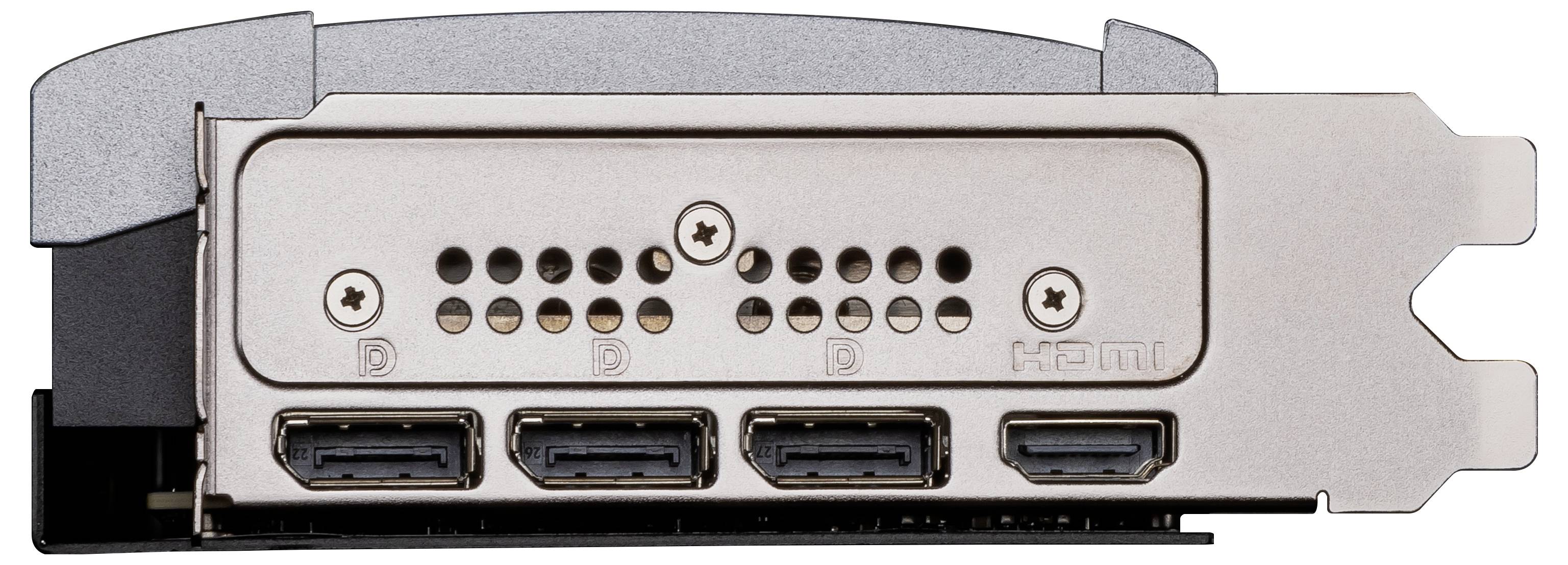 Dos d'une carte graphique avec quatre connecteurs : trois ports DisplayPort et un port HDMI.