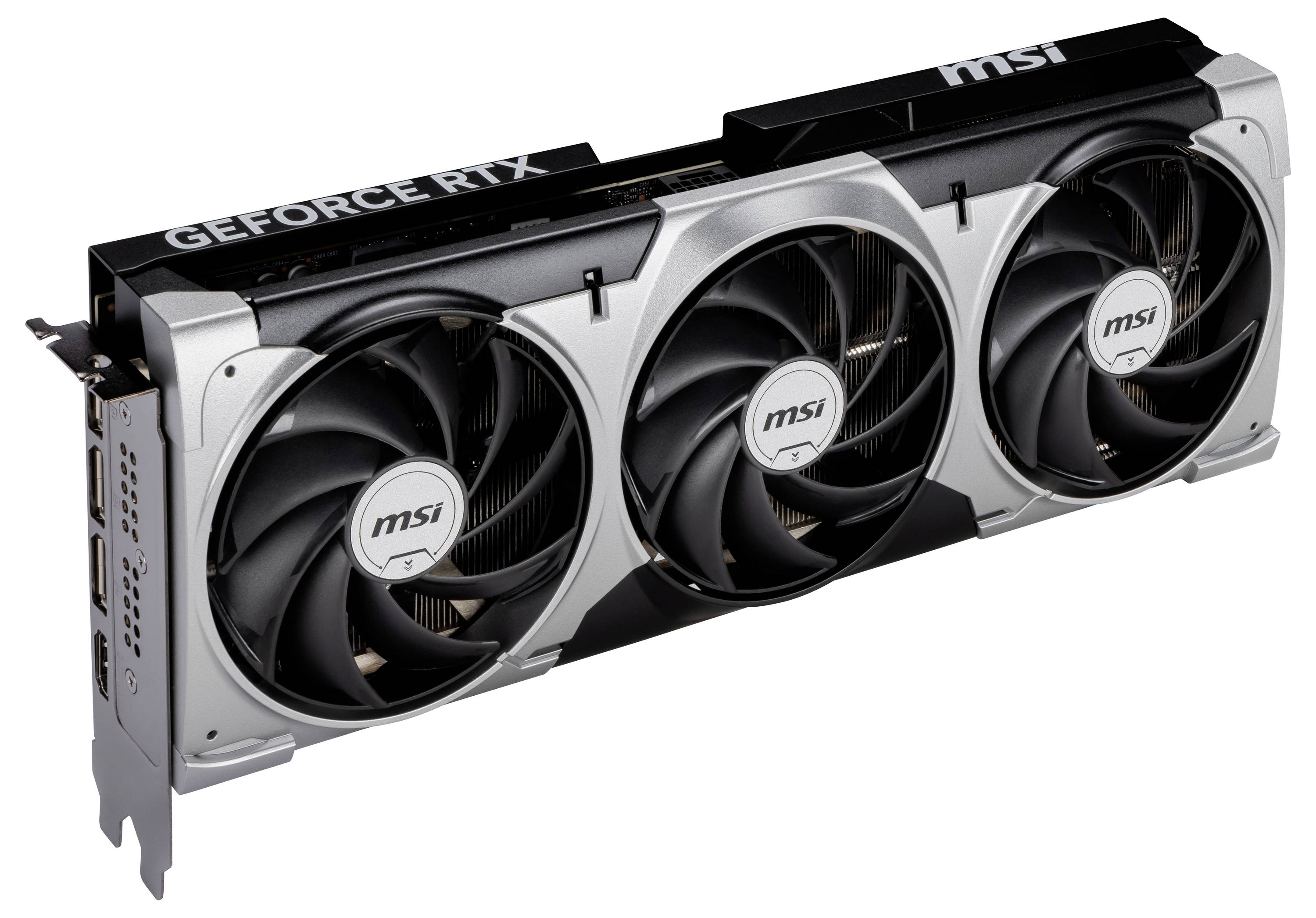 'Carte graphique MSI GeForce RTX à trois ventilateurs, boîtier argenté. Adaptée aux applications visuelles et de jeu à haute performance.'