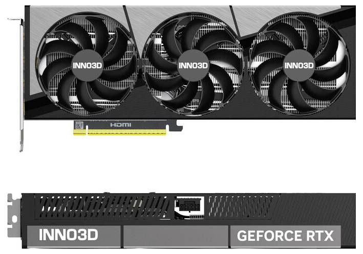 Carte graphique 'INNO3D GeForce RTX' avec trois ventilateurs, port HDMI latéral et ouvertures de ventilation. Forme carrée.