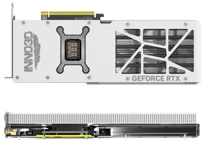Carte graphique 'GeForce RTX' en blanc avec zone de ventilateur transparente et logo 'INNO3D'. Vue de dessus et de côté.