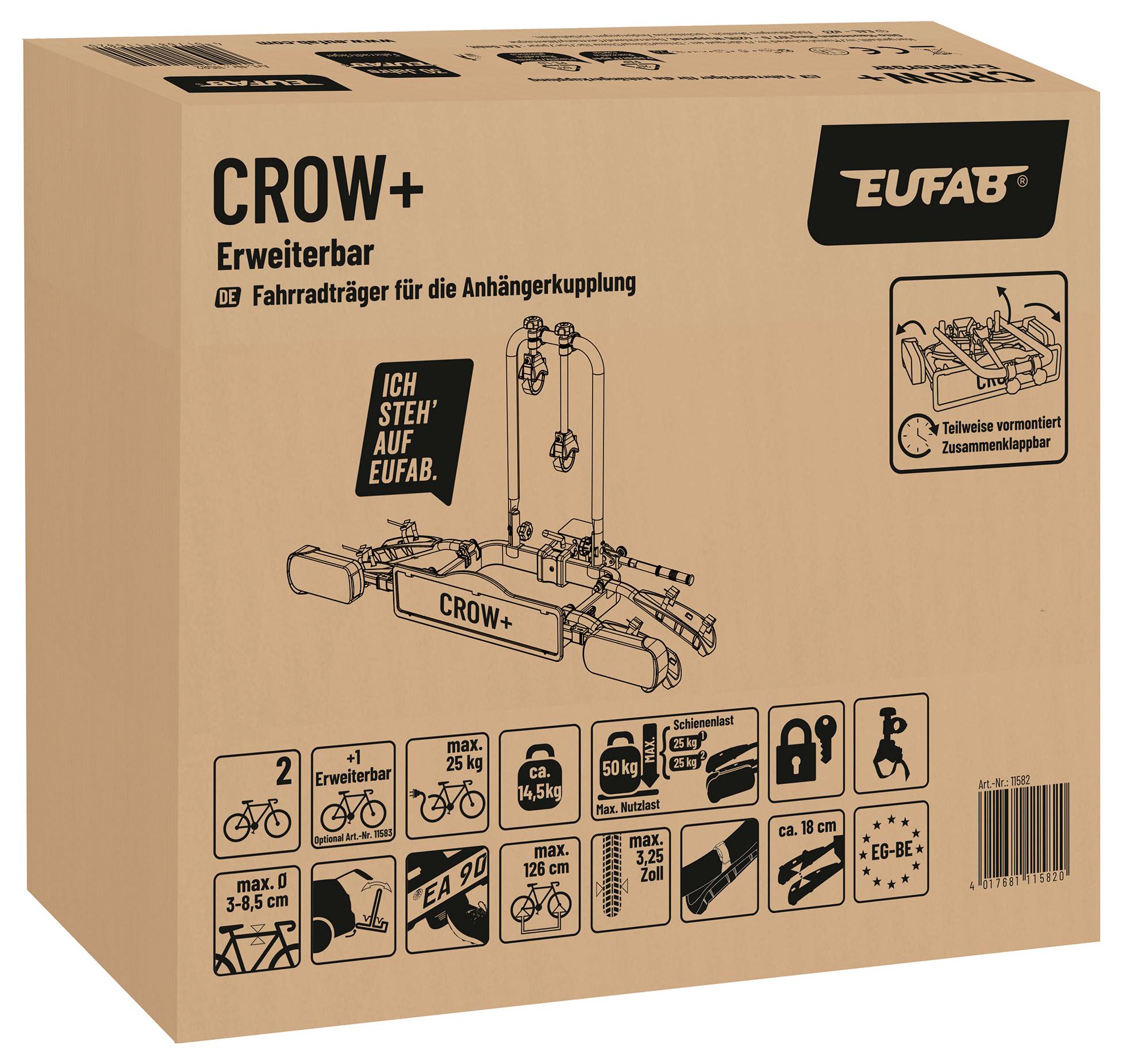 Boîte en carton avec impression d'un porte-vélos 'Crow+' qui se monte sur attelages de remorque. Contient des informations de montage et de poids.