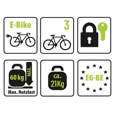 Jeu de pictogrammes : E-Bike avec prise, chiffre 3 et symbole de vélo, cadenas avec clé, Charge utile max. 60 kg, Poids env. 21 kg, Couronne d'étoiles avec « EG-BE ».